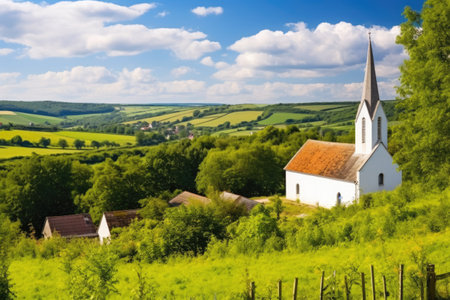 white chapel located on a hill overlooking the village, created with generative aiの素材