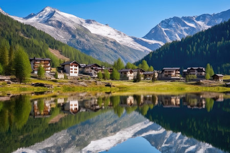 alpine village near the bank of a mirror-like lake, created with generative aiの素材