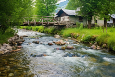 stream crossing rustic wooden bridge in swiss village, created with generative aiの素材