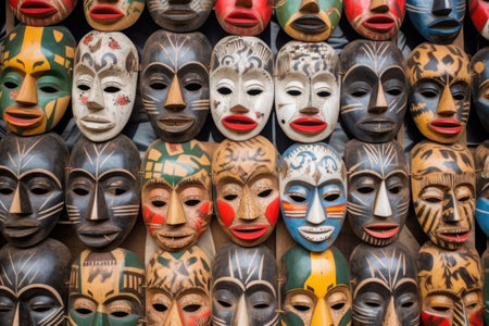 colorful painted wooden masks displayed in an outdoor market, created with generative aiの素材