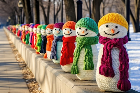 a row of snowmen decorated with scarfs and hats for a winter festival, created with generative aiの素材