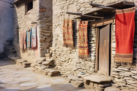 handwoven carpets hung on outside walls of stone houses, created with generative aiの素材
