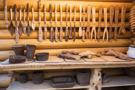 hand-carved wooden utensils on a stall outside a cabin, created with generative aiの素材