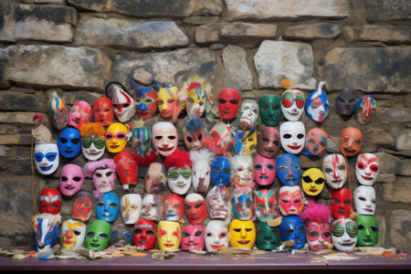 table filled with vibrantly painted masks against a stone wall, created with generative aiの素材