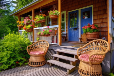 a small cottage with freshly woven baskets on the porch, created with generative aiの素材