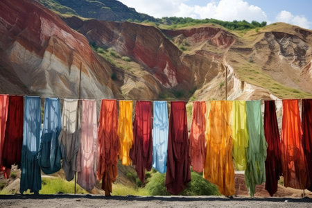 hand-dyed fabrics hung out to dry against mountain backdrop, created with generative aiの素材