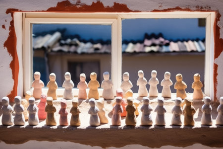 clay figurines drying in the sun on a window ledge, created with generative aiの素材