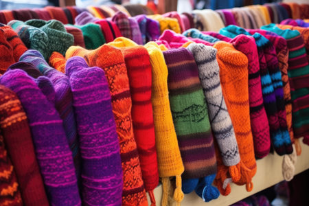 hand-knitted scarves spread on a stall in the village, created with generative aiの素材