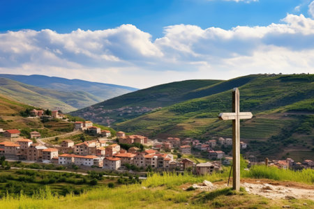 large cross on a hill overlooking a small mountain village, created with generative aiの素材