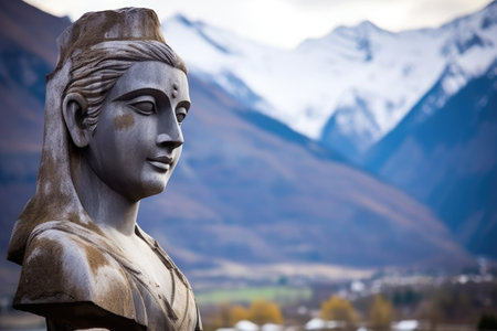 close-up of a religious statue placed against a mountain village backdrop, created with generative aiの素材