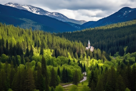 a view of a mountain scene with a church surrounded by dense forest, created with generative aiの素材