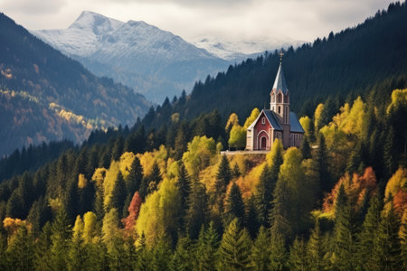 a view of a mountain scene with a church surrounded by dense forest, created with generative aiの素材