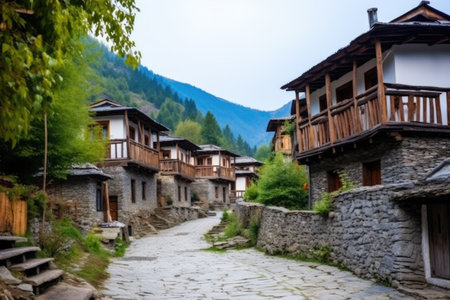 close-up of traditional mountain village houses with unique details, created with generative aiの素材