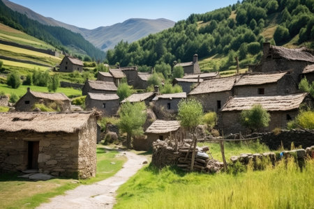 mountain village huts with straw rooftops and stone walls, created with generative aiの素材