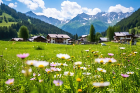 alpine mountain village with local wildflowers, created with generative aiの素材