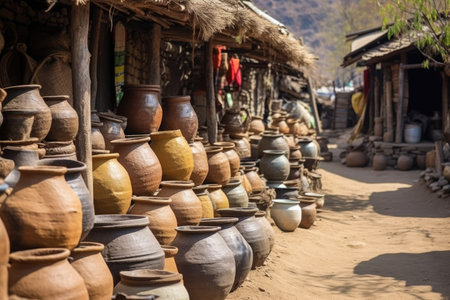 close shot of traditional mountain village pottery, created with generative aiの素材