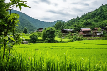 beautiful lush green rice field terrace in the mountain village, created with generative aiの素材