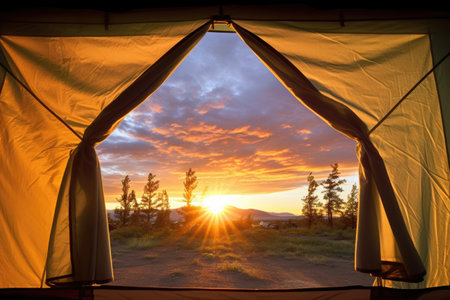 scenic sunset viewed through a tent entrance, created with generative aiの素材