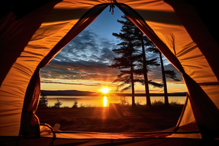 scenic sunset viewed through a tent entrance, created with generative aiの素材