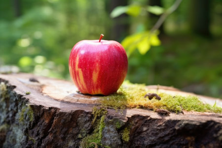 close-up of red apple on a stump, created with generative aiの素材