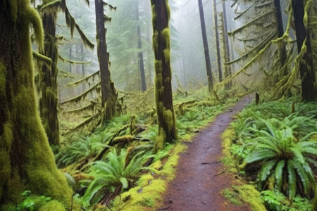 trail through a foggy rainforest with moss-covered trees, created with generative aiの素材