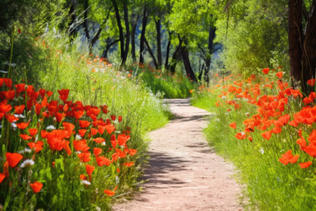 trail lined with bright red wildflowers in springtime, created with generative aiの素材