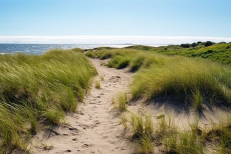 sand trail with dune grass in a coastal parkland, created with generative aiの素材