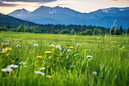 green grass and flowers in a meadow with mountains in the background, created with generative aiの素材