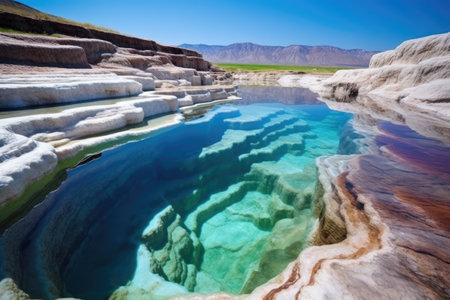 crystal-clear hot spring in a rocky formation, created with generative aiの素材