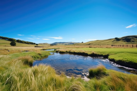 hot spring amidst a grassy meadow under blue skies, created with generative aiの素材