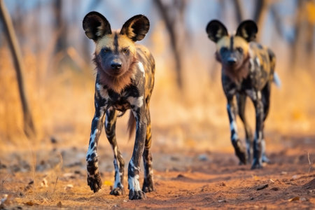 african wild dogs roaming at the reserve, created with generative aiの素材
