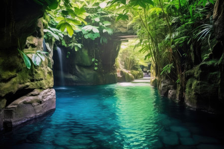 a tropical waterfall cascading into a hidden pool, created with generative aiの素材
