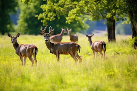 a group of deer grazing in a meadow, created with generative aiの素材