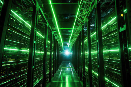 wide shot of a server rack with blinking lights, created with generative aiの素材