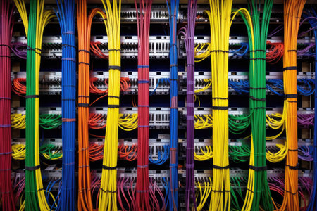 neatly organized patch cables in a color-coded scheme, created with generative aiの素材