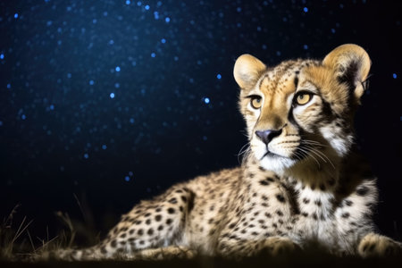 cheetah under the clear night sky filled with stars, created with generative aiの素材