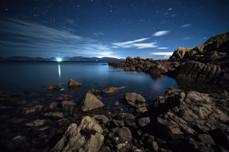 rocky coastline highlighted under the night sky, created with generative aiの素材
