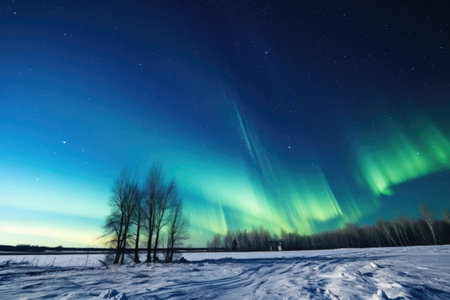 northern lights crisscrossing a starry winter sky, created with generative aiの素材
