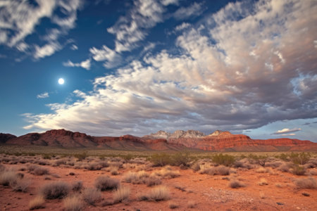 fluffy clouds back-lit by moon in a desert scene, created with generative ai