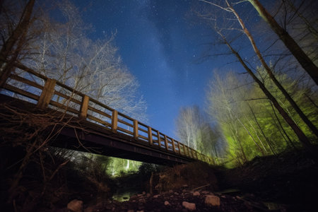 wooden bridge under a starlit sky in a gulley, created with generative aiの素材