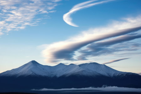 wisps of cloud cradling crescent moon above peaks, created with generative aiの素材