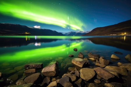 aurora borealis dancing in the night sky over a fjord, created with generative aiの素材