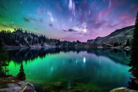 nebula seen from above a mountain lake, created with generative aiの素材