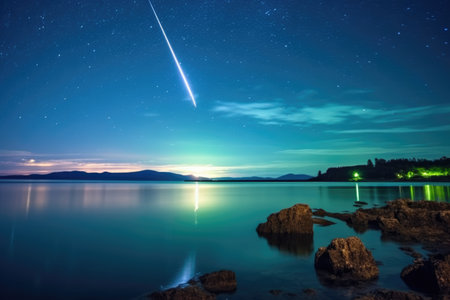 shooting star over a glowing bioluminescent bay, created with generative aiの素材