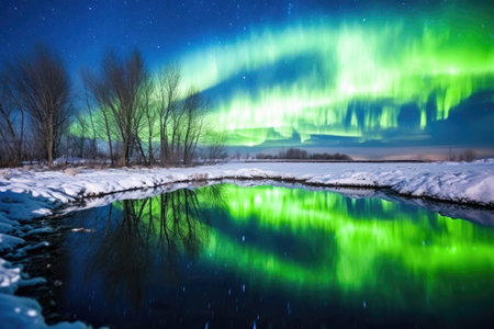 northern lights reflecting on a frozen pond, created with generative aiの素材