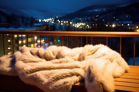 a cozy fur blanket on a balcony with night ski slope view, created with generative aiの素材