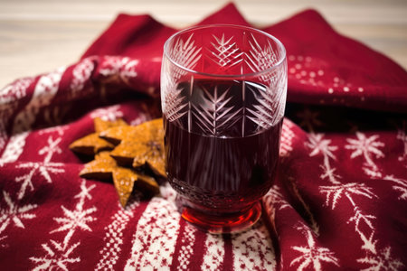 glass of mulled wine next to a snowflake-patterned scarf, created with generative aiの素材