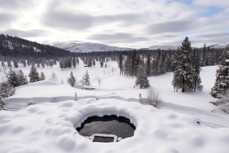 overhead shot of a hot tub in the midst of snowy landscape, created with generative aiの素材