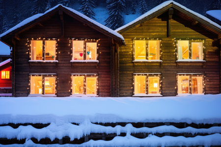 illuminated chalet windows reflecting on fresh snowy ground, created with generative aiの素材