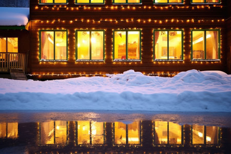 illuminated chalet windows reflecting on fresh snowy ground, created with generative aiの素材
